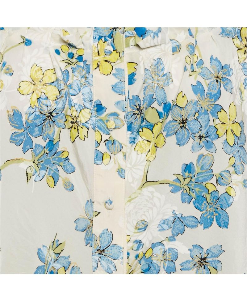Women's White/blue Floral Print Silk Ruffled Blouse