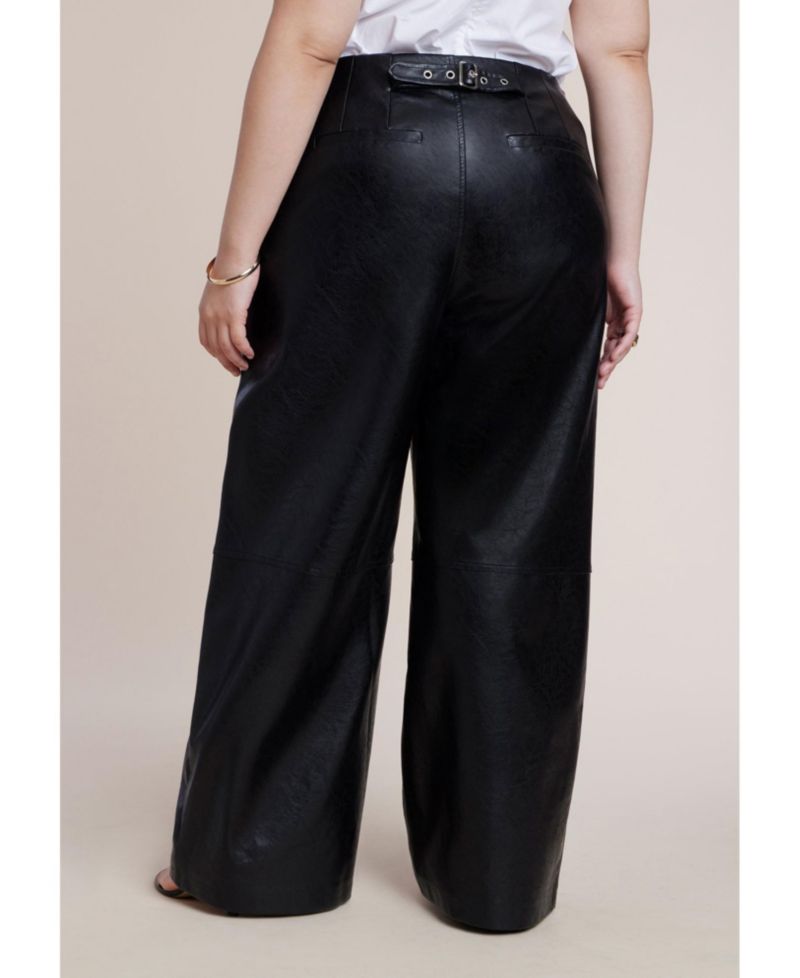 Women's Adjustable Waist Faux Leather Wide-Leg Pant