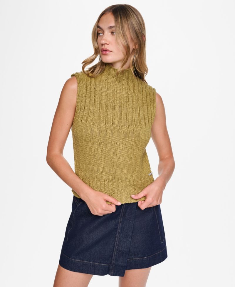 Women's Sleeveless Mock-Neck Cable-Knit Sweater