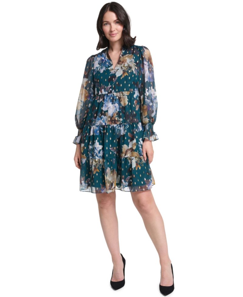 Women's Long-Sleeve Puff-Sleeve Tiered Baby Doll Dress