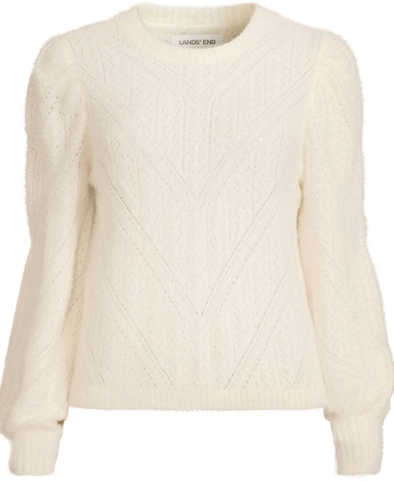 Women's Eyelash Fuzzy Pointelle Puff Sleeve Sweater