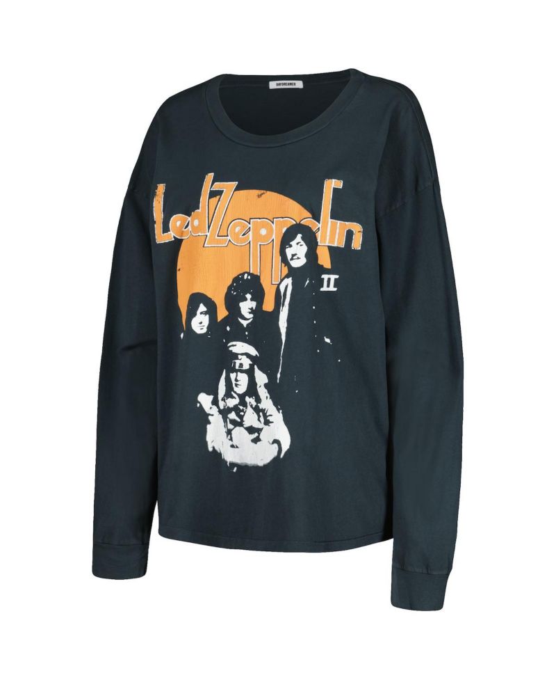 Women's Black Distressed Led Zeppelin Portrait Merch Long Sleeve T-shirt