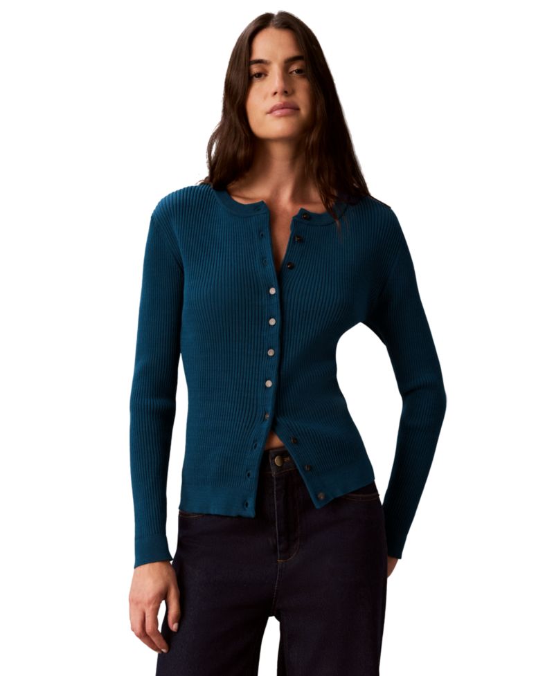 petite Button-Front Ribbed Cardigan Sweater