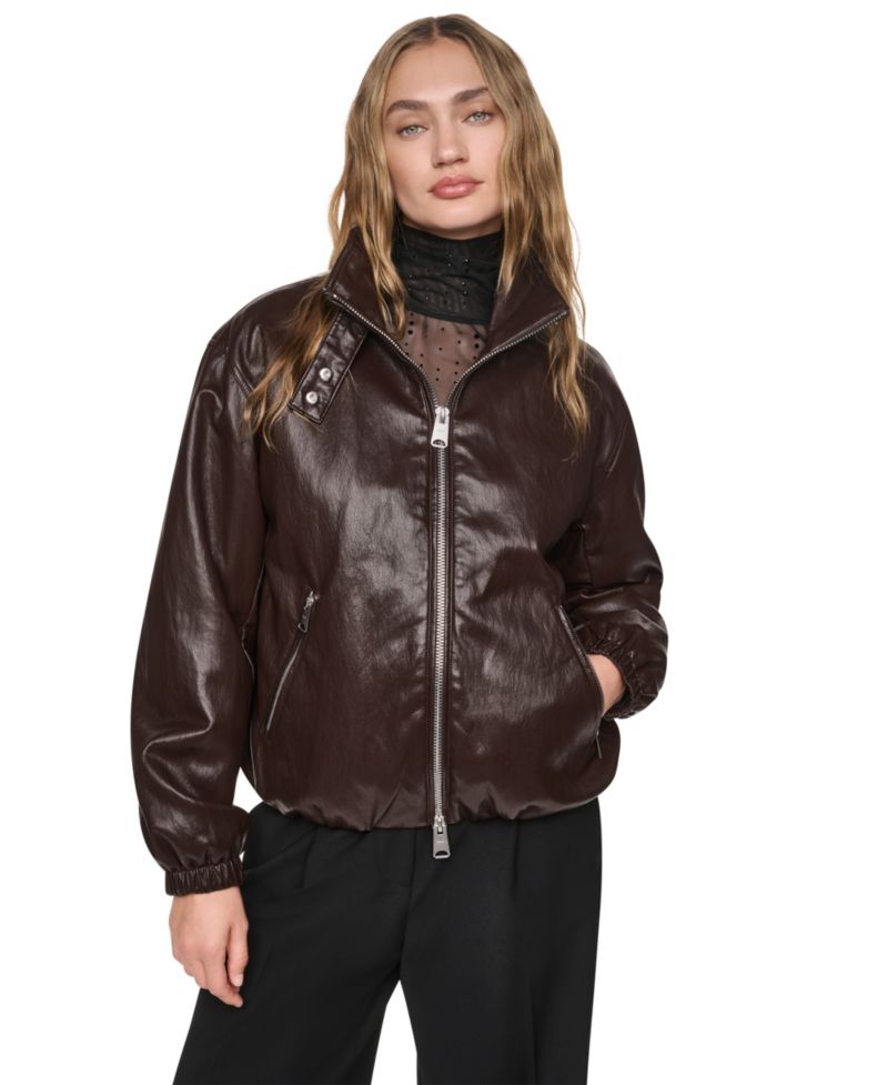 Petite High-Collar Faux-Leather Bomber Jacket