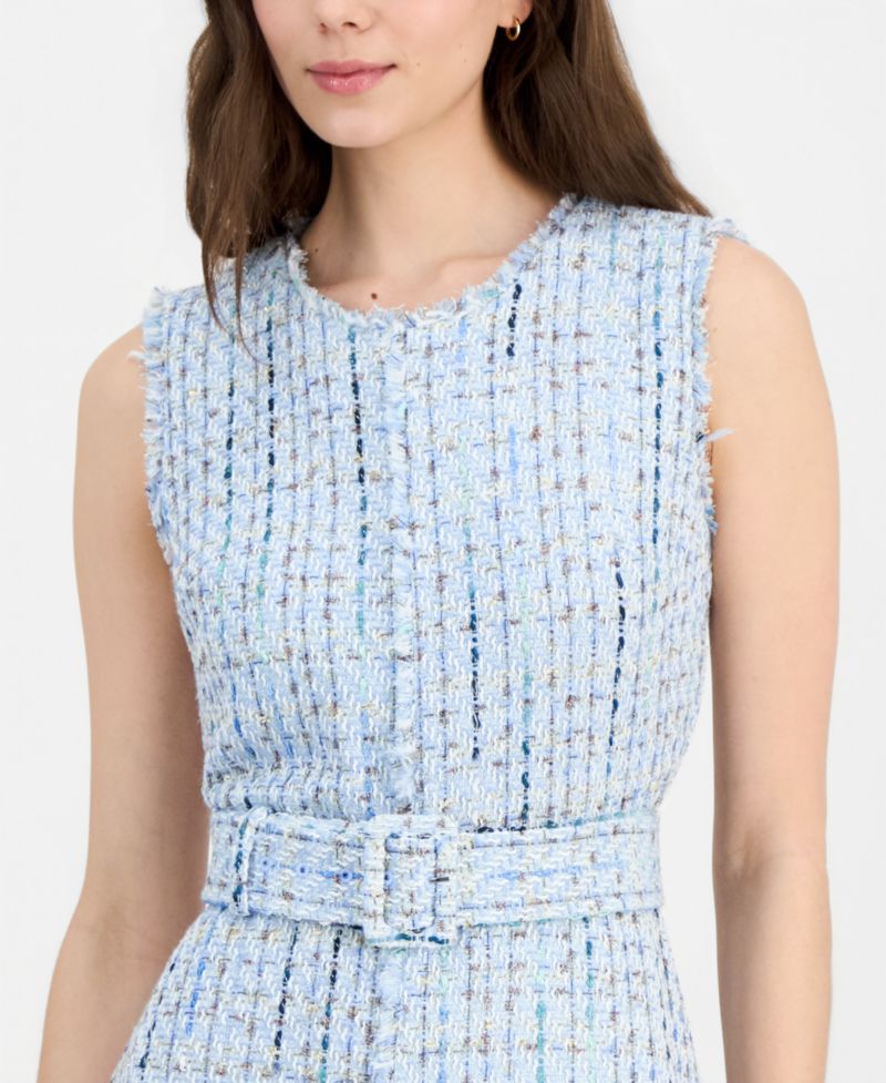 Women's Tweed Belted Sleeveless Midi Dress