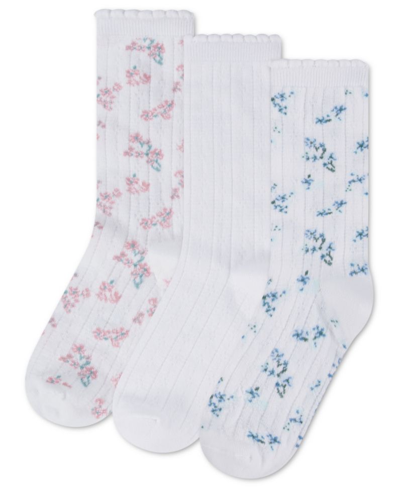 Girls' 7-11 Floral Pointelle Crew Socks, 3-Pack