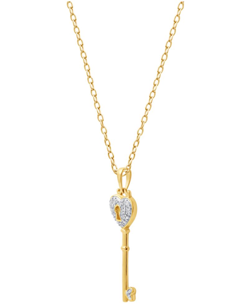 Diamond Heart Lock Key Pendant Necklace in 18k Gold over Sterling Silver(1/10 ct. t.w.)