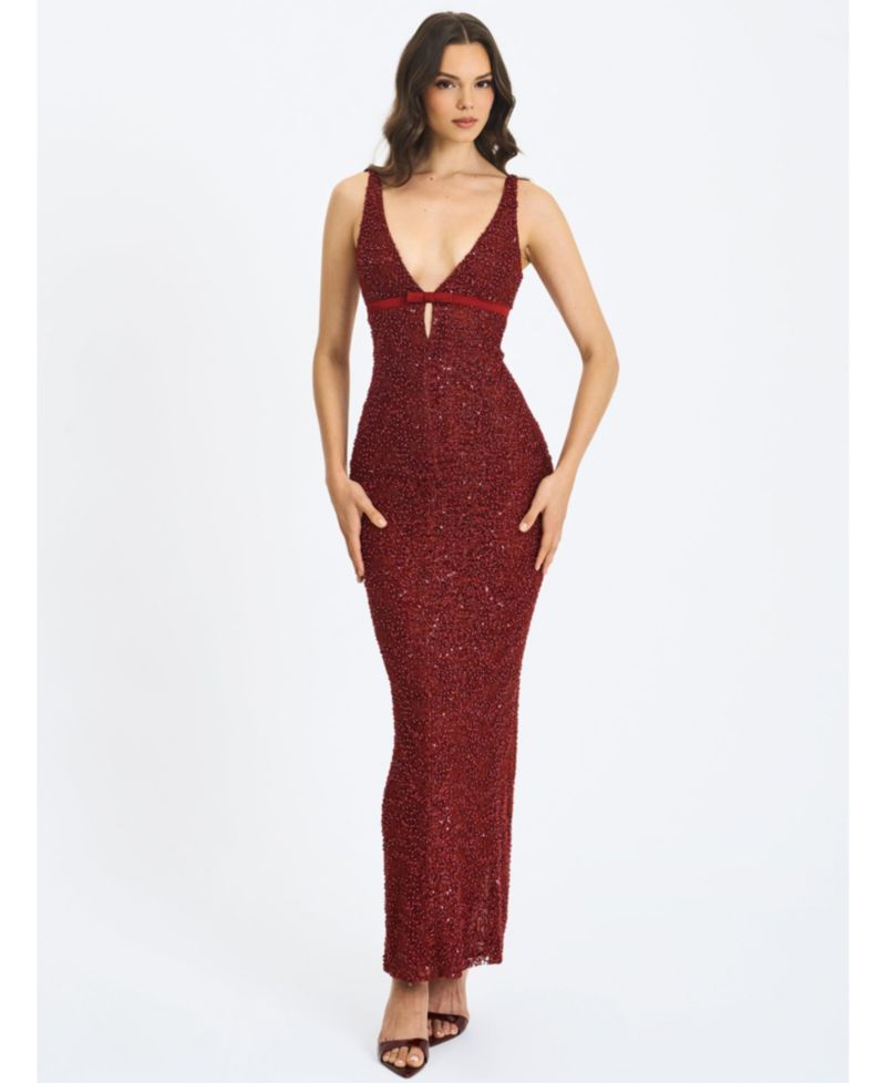 Women's Elora Crimson Sequin Beaded Keyhole Maxi Dress