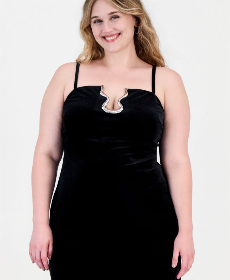 Plus Size Long Velvet With Hardware Open Front Side Slit Gown
