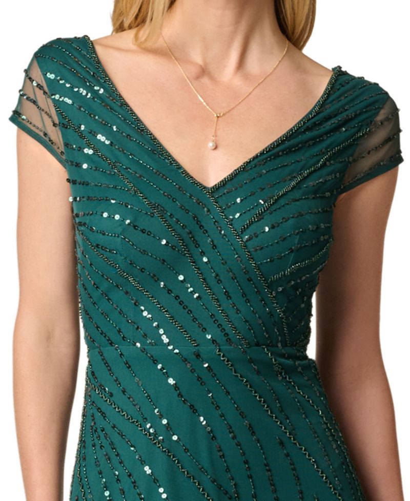 Women's Beaded Cap-Sleeve V-Neck Midi Dress