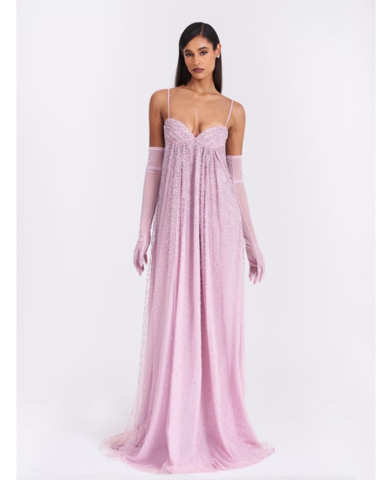 Women's Wallie Pink Rhinestone Embellished Mesh Backless Gown