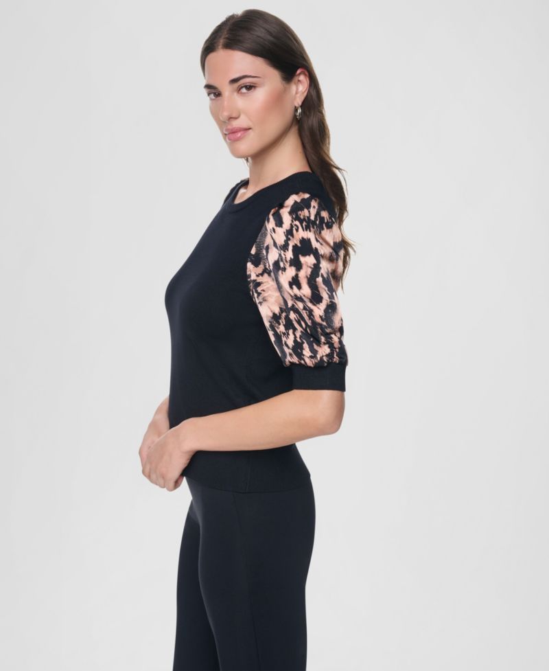 Women's Printed Twist-Sleeve Mix Media Sweater