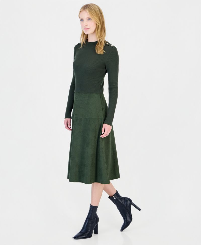 Women's Mock Neck Long-Sleeve Faux Suede Skirt Dress