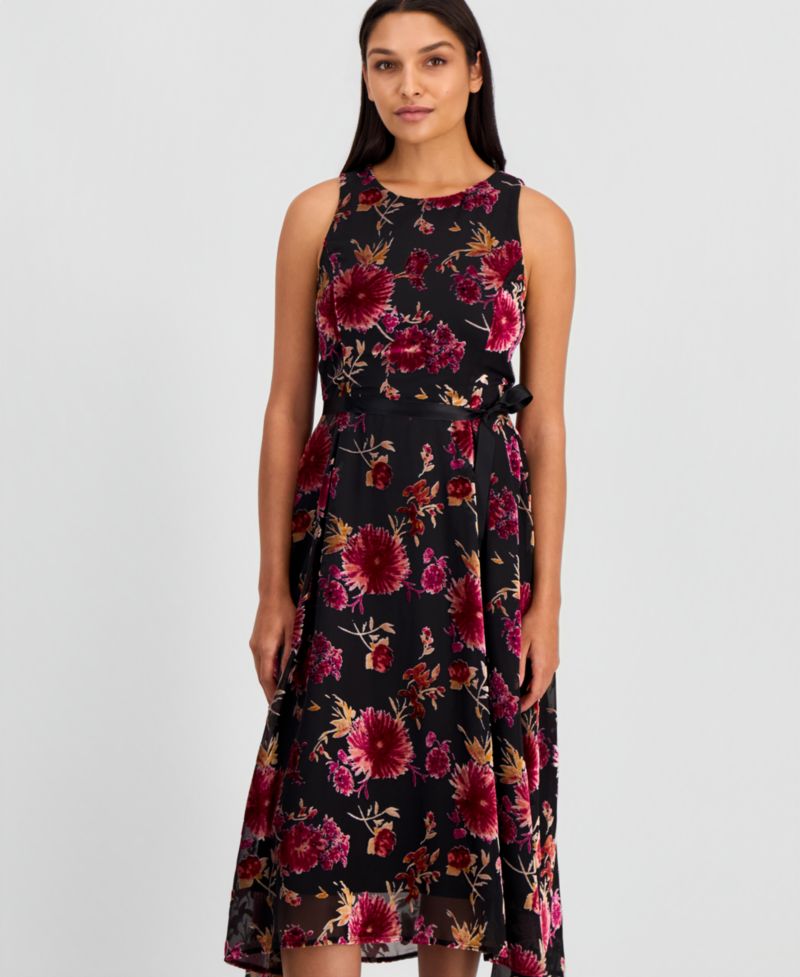 Women's Burnout Sleeveless Tie-Waist High-Low-Hem Dress