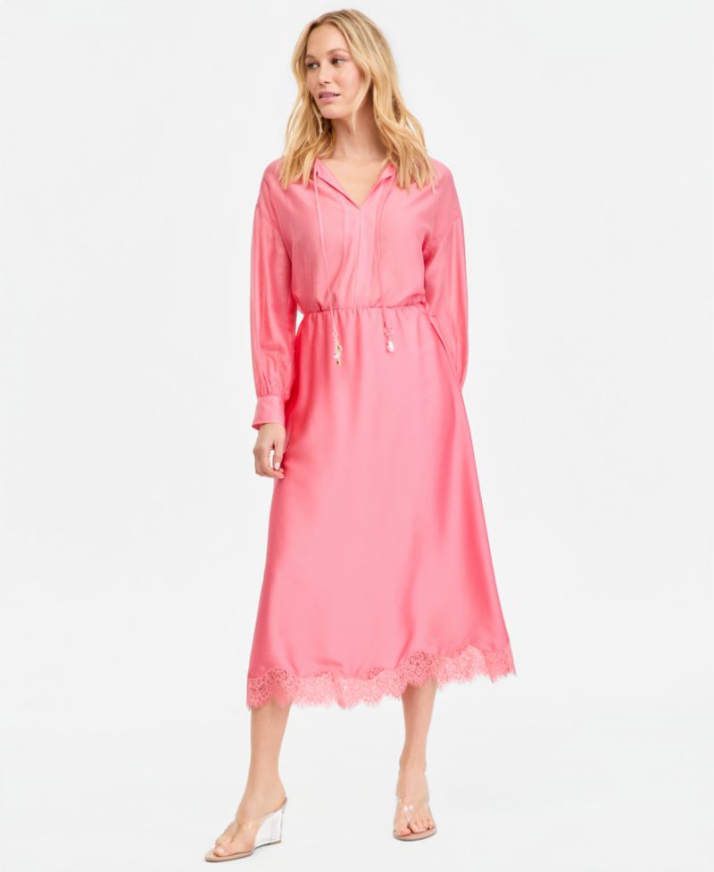 Women's Lace-Trim Satin Midi Skirt