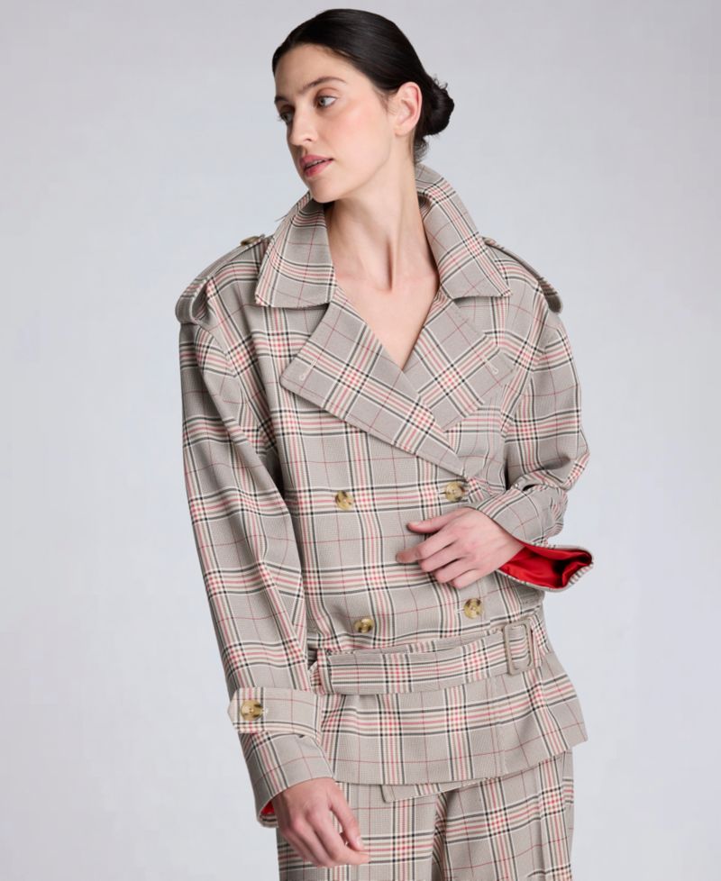 Women's Glen Plaid Button Front Drop Waist Belted Trench Jacket