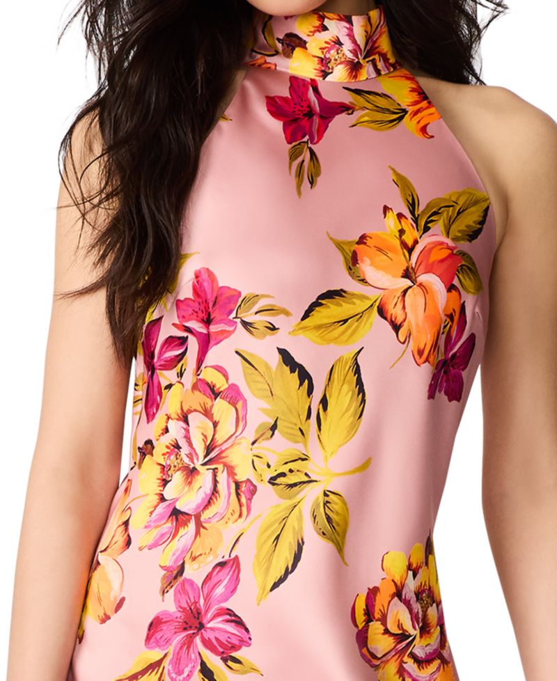 Juniors' Floral-Print Satin Halter Wedding-Guest Dress