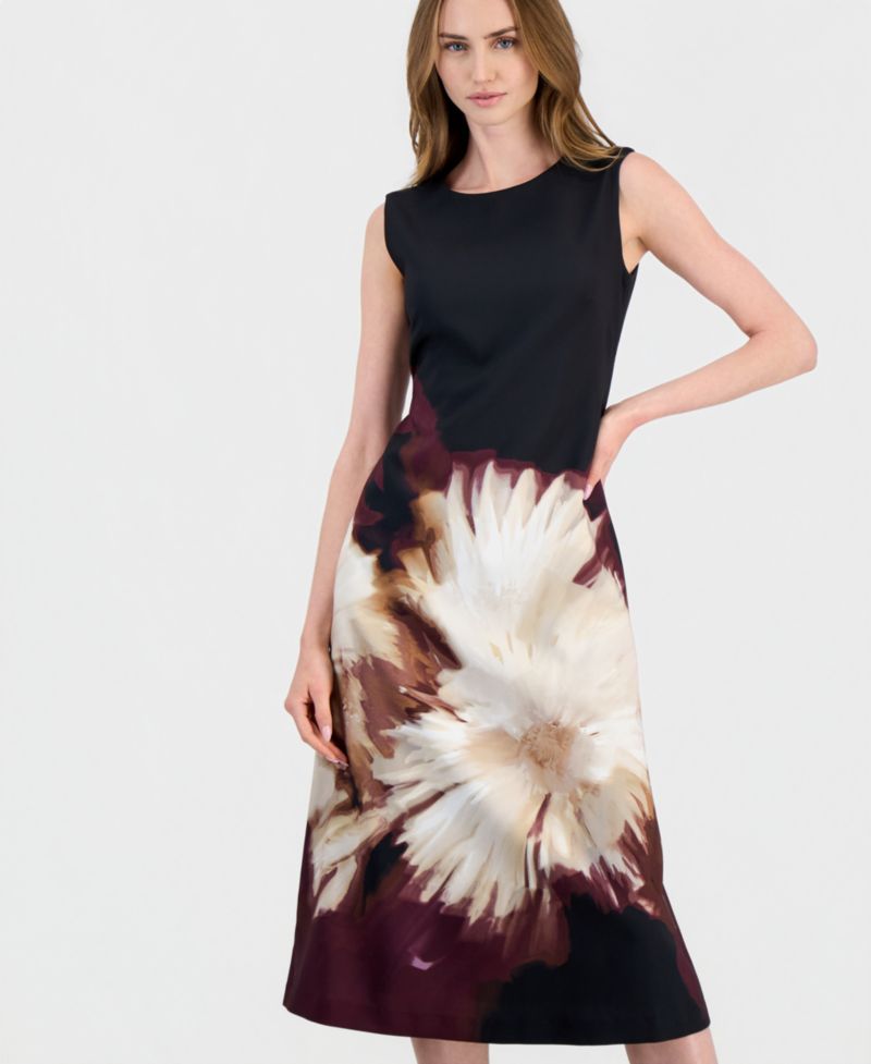 Petite Scuba Floral Print A-Line Midi Dress