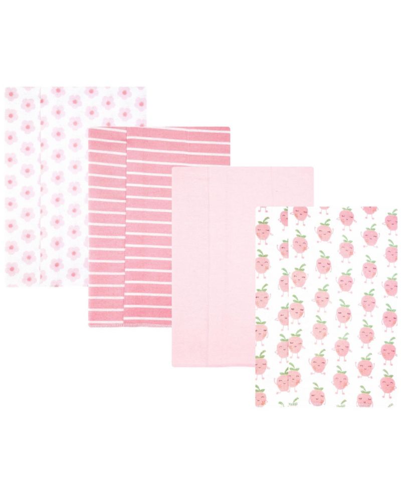 Girl Cotton Poly Flannel Burp Cloths 4-Pack, Happy Strawberries