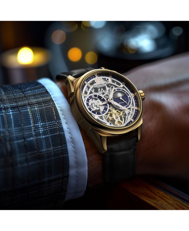 Vanguard 1019.04 Legacy Collection Dual Time Automatic Skeleton Watch 42mm Rose Gold Tone Black Dial Leather Strap