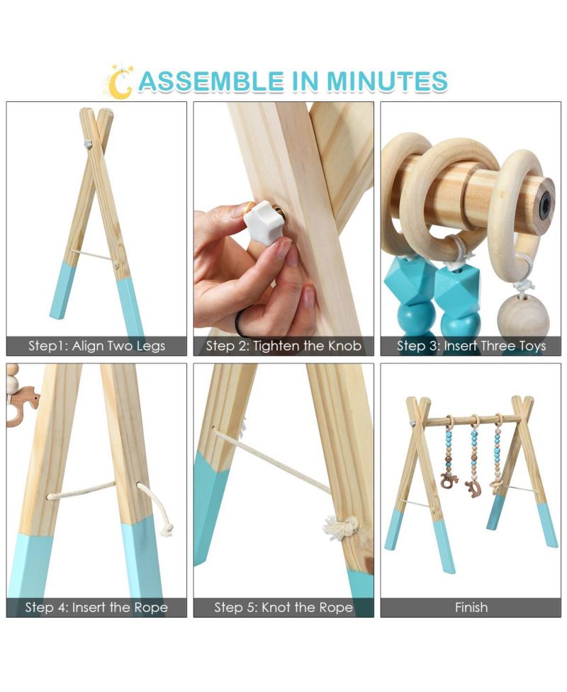 Toddler Wooden Gym with 3 Wooden Teething Toys Hanging Bar