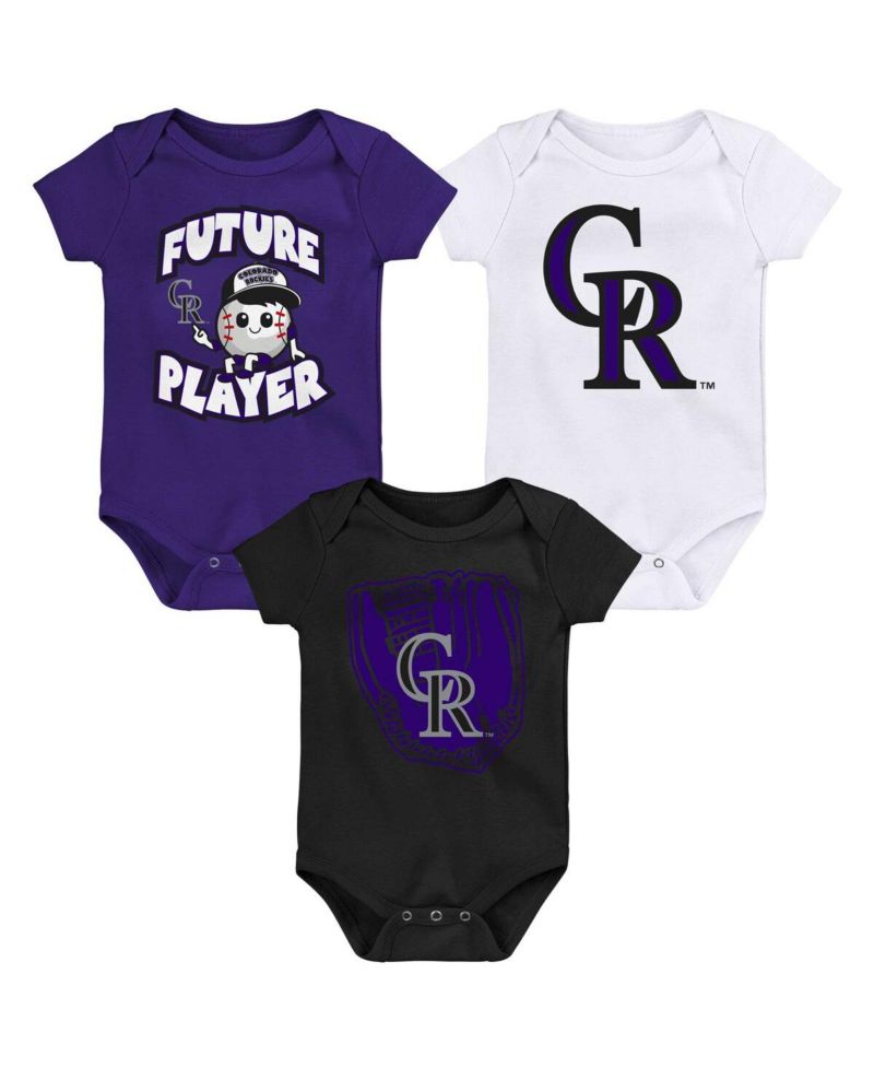 Baby Boys and Girls 3-Pack Purple/Black/White Colorado Rockies Minor League Player Bodysuit Set