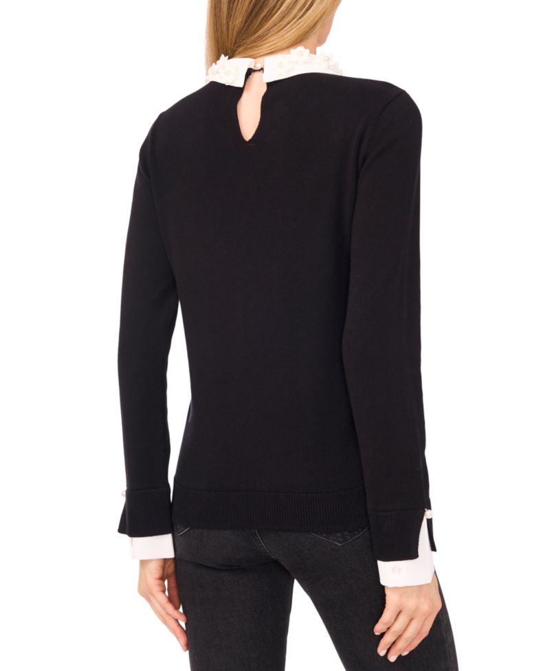 Women's Long Sleeve Woven Collar Neck Pullover Sweater