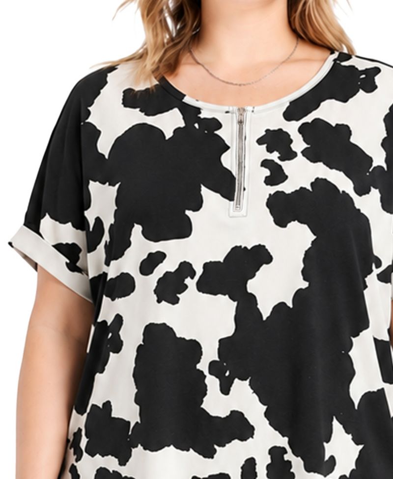 Plus Size Cow Print Dolman Rolled Short-Sleeve 1/2 Zip Top
