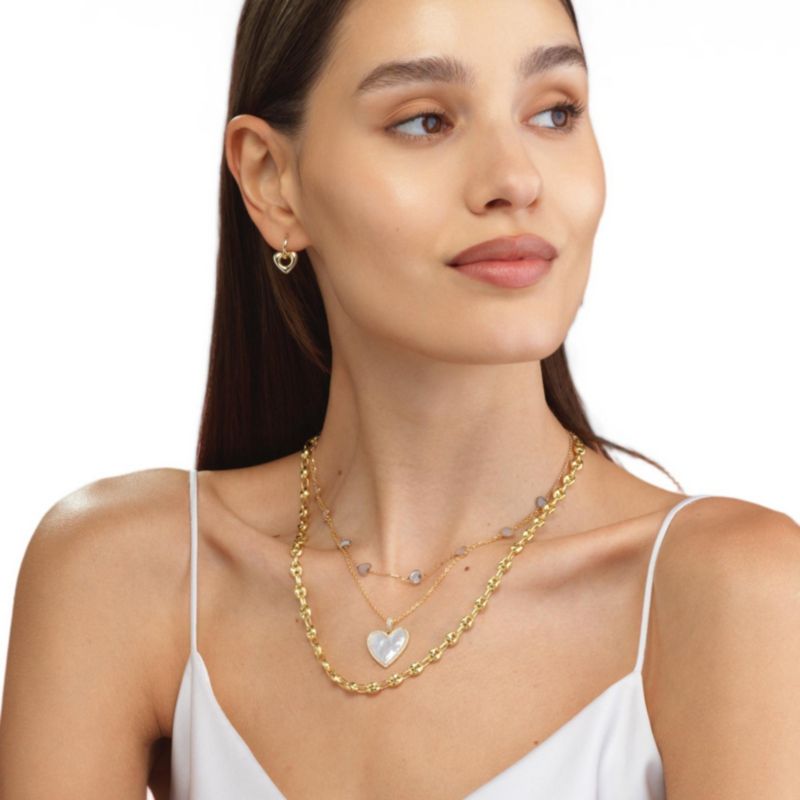 Large Mother of Pearl CZ Halo Heart Necklace 14K Gold-Plated Sterling Silver