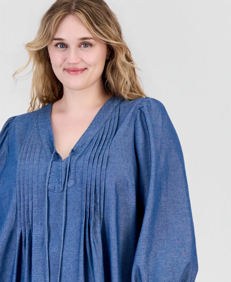Plus Size Denim V-Neck Long-Sleeve Shift Dress