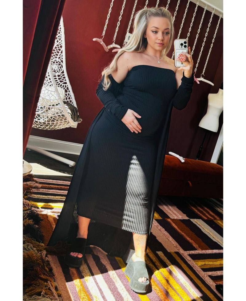 Women's Black Ribbed Sleeveless Dress Cardigan Set