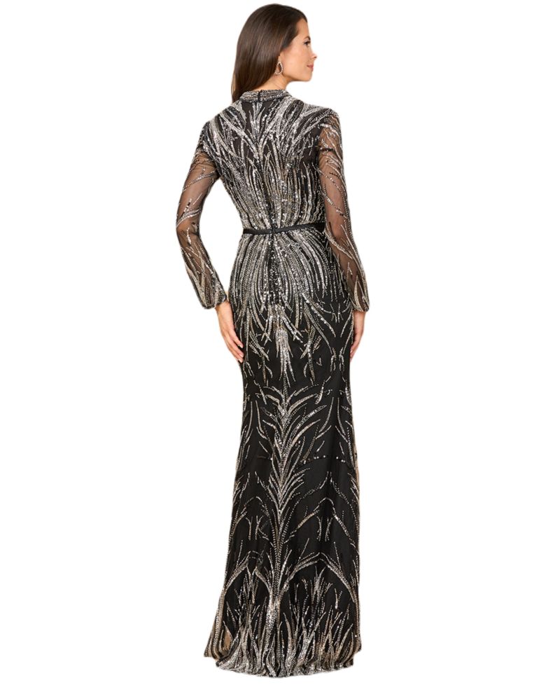 Women's Mandarin V-Neck Gown with Long Sleeves