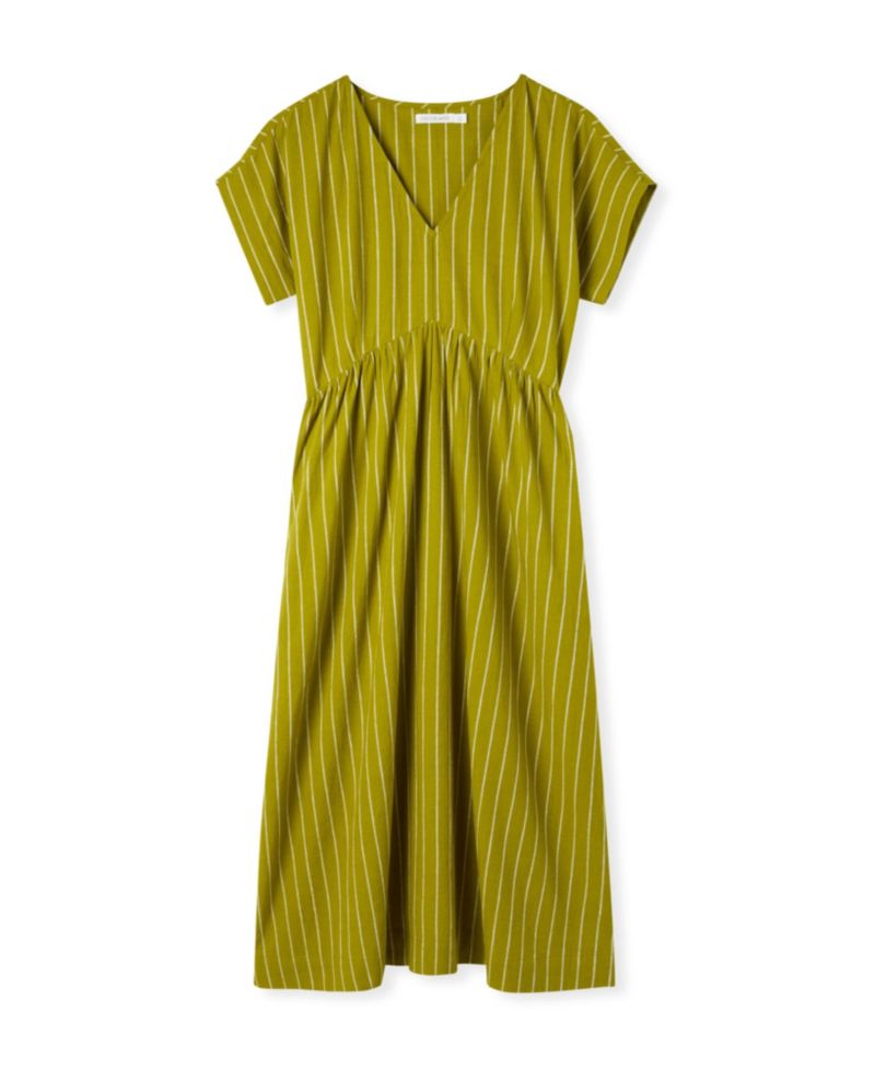 Women's V-Neck Gathered-Waist Striped Midi Dress