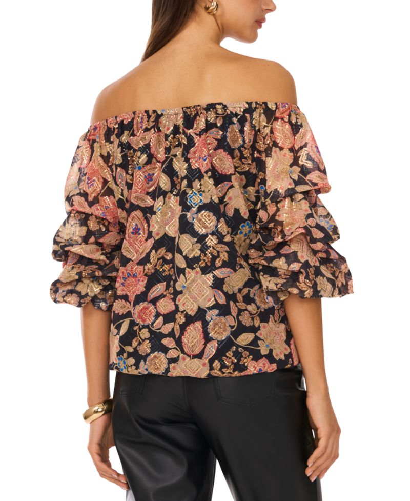 Women's Floral Off-The-Shoulder Bubble 3/4-Sleeve Tie-Front Blouse