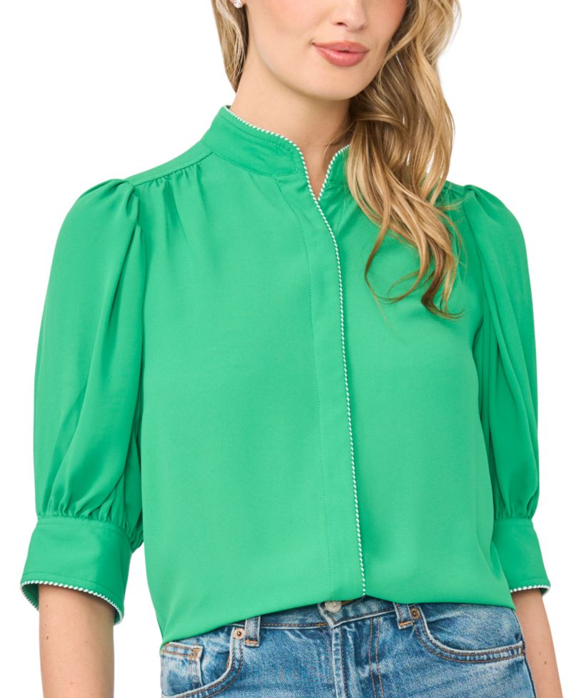 Women's Pearce Puff-Sleeve Open Collar Top