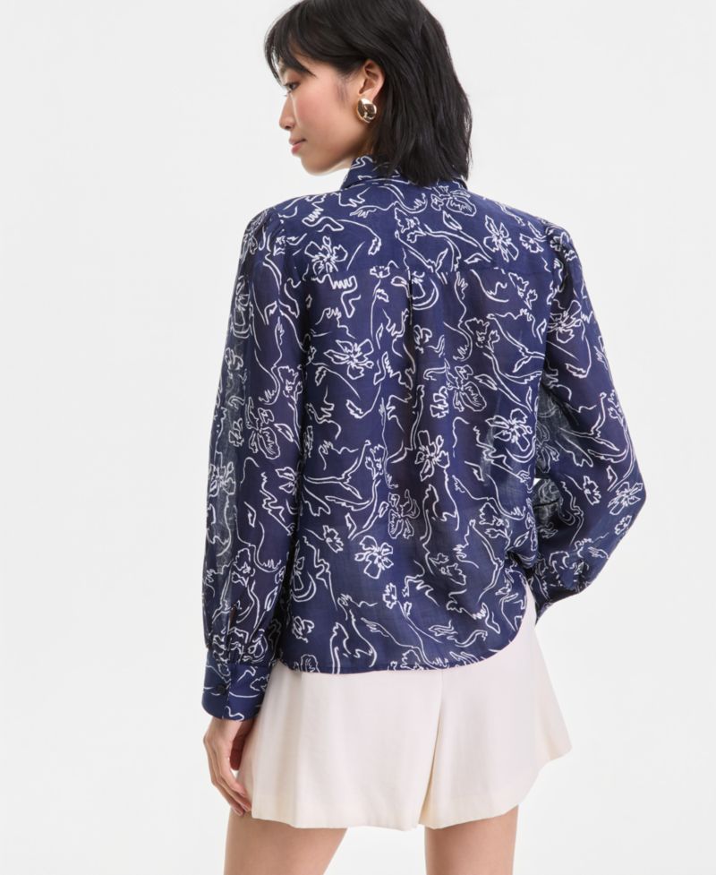 Petite Long Sleeve Printed Ramie Button Down Shirt