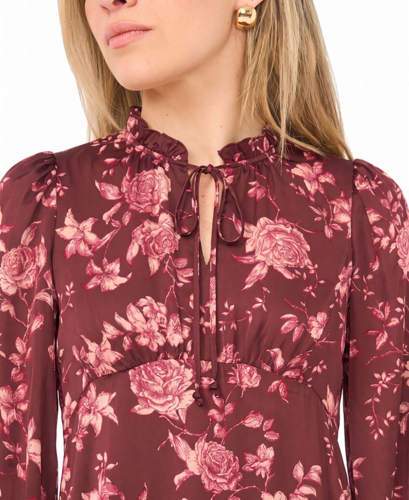 Petite Tie Neck Satin Midi Floral A-Line Dress