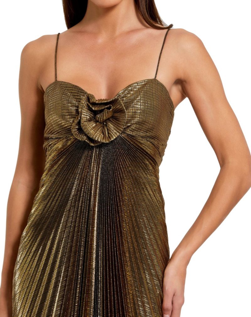 Petite Pleated Metallic Gown with Thin Straps and 3D Floral Detail