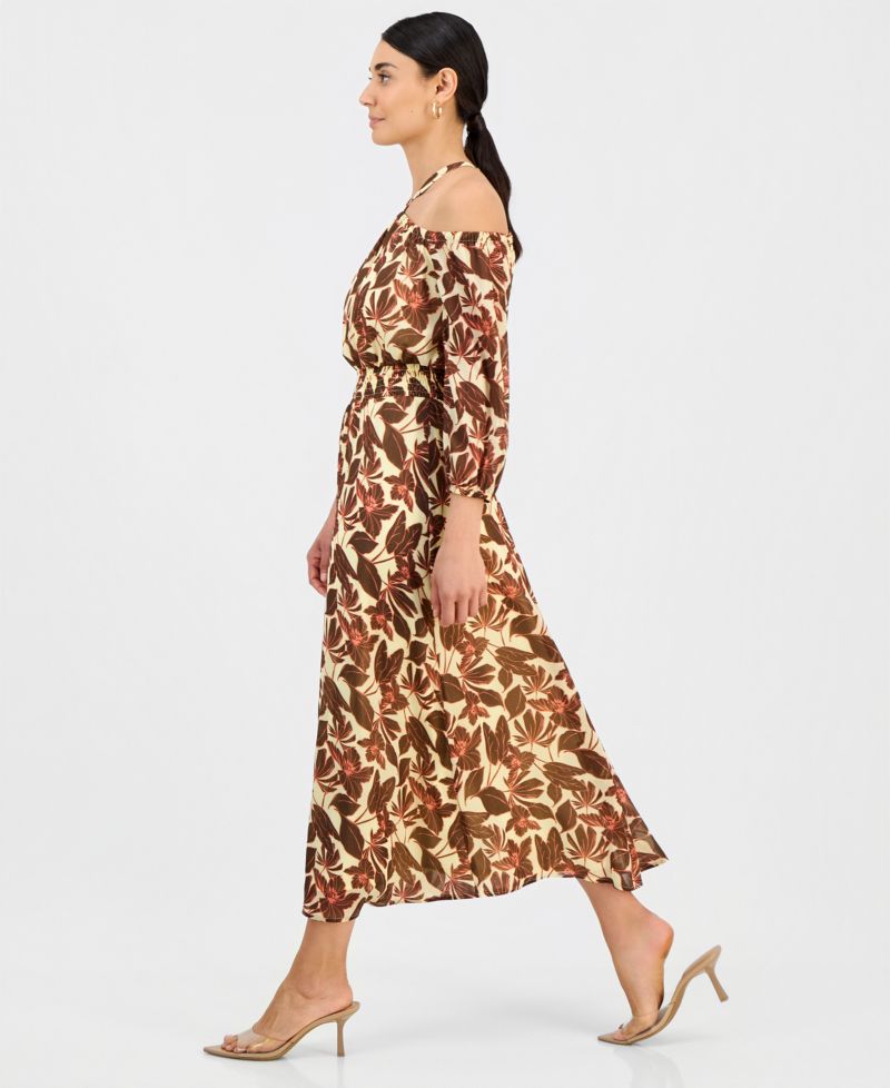 Petite Printed Halter Smock-Waist Maxi Dress