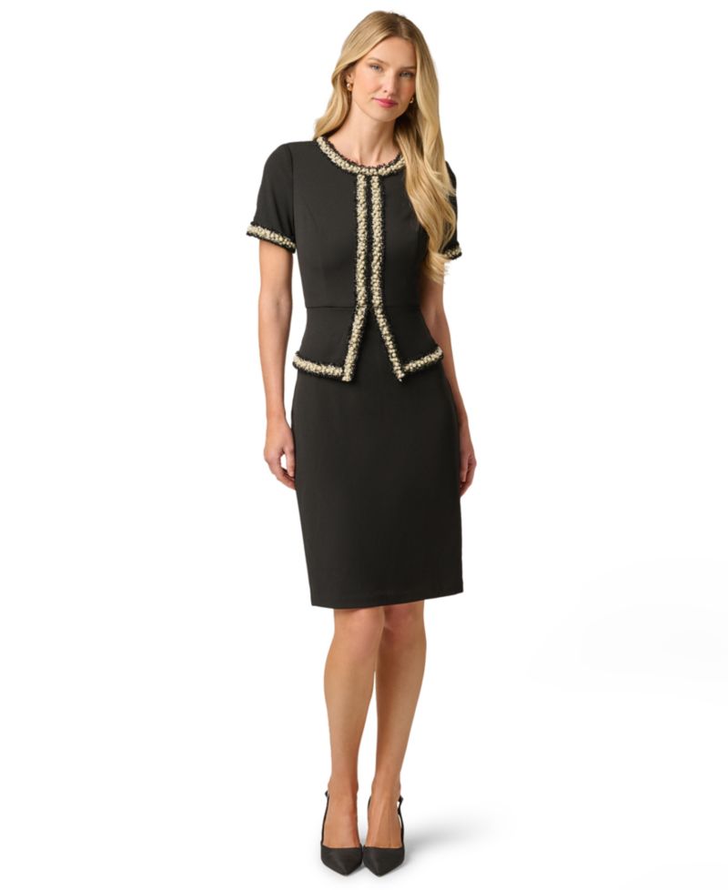 Petite Crewneck Faux-jacket Overlay Crepe Sheath Dress