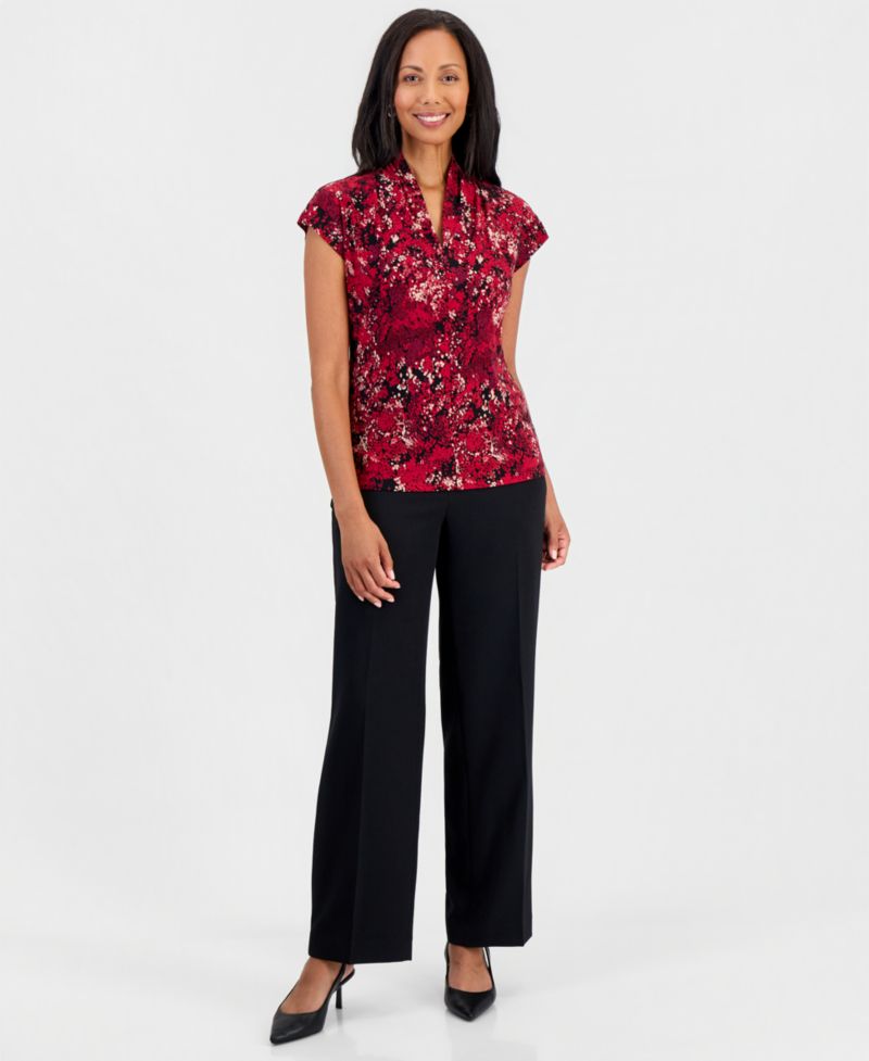 Petite Funnel Neck Cap-Sleeve Print Blouse