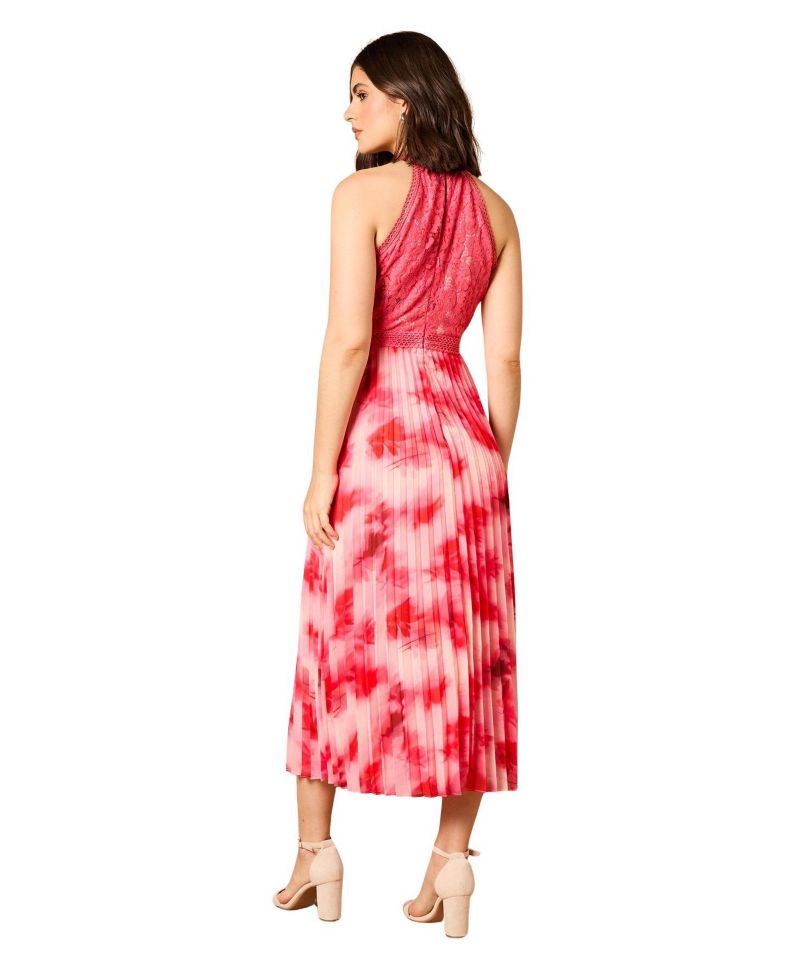 Women's Printed Lace Mix Halterneck Midi Dress