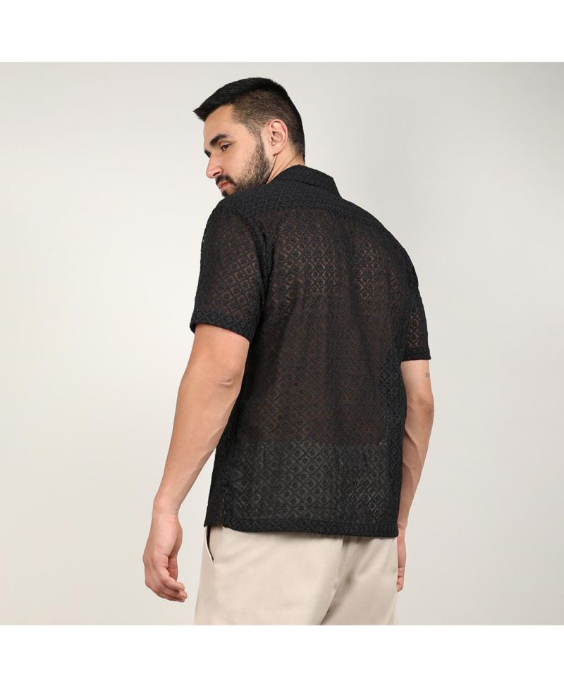 Men's Midnight Black Floral Embroidered Shirt