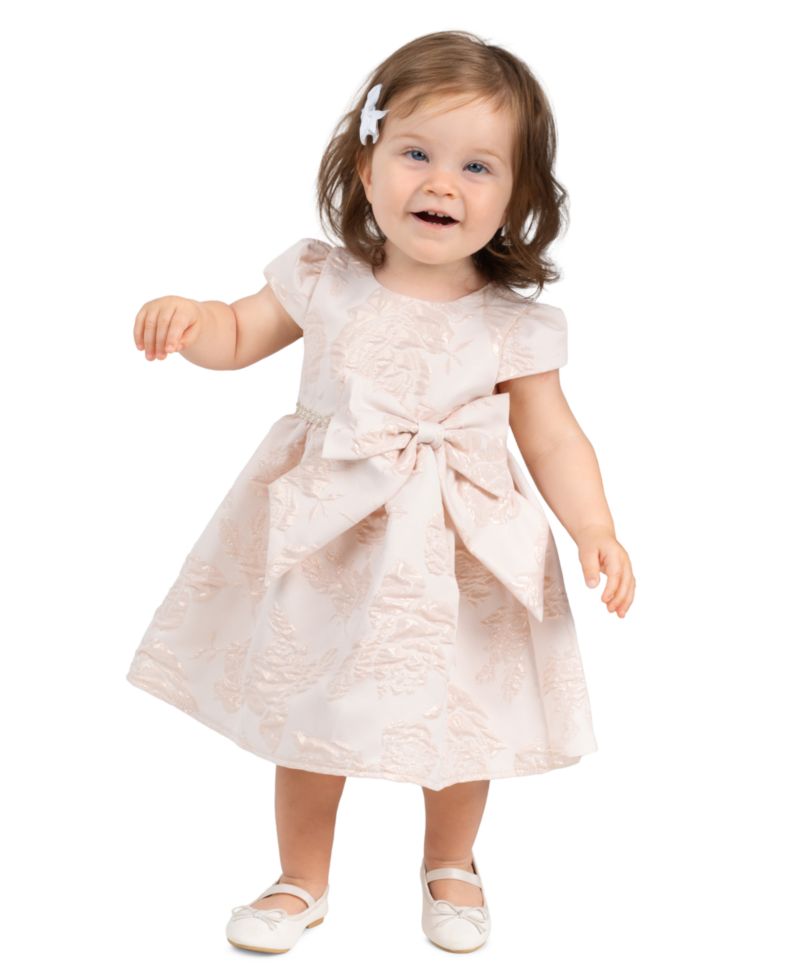Baby Girls' Brocade Cap Sleeve Bodice with Beaded Imitation Pearl Trim Dress and Bloomer, 2-Piece Set