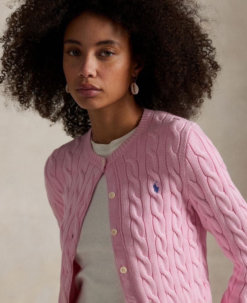 Women's Cable-Knit Cotton Crewneck Cardigan Sweater