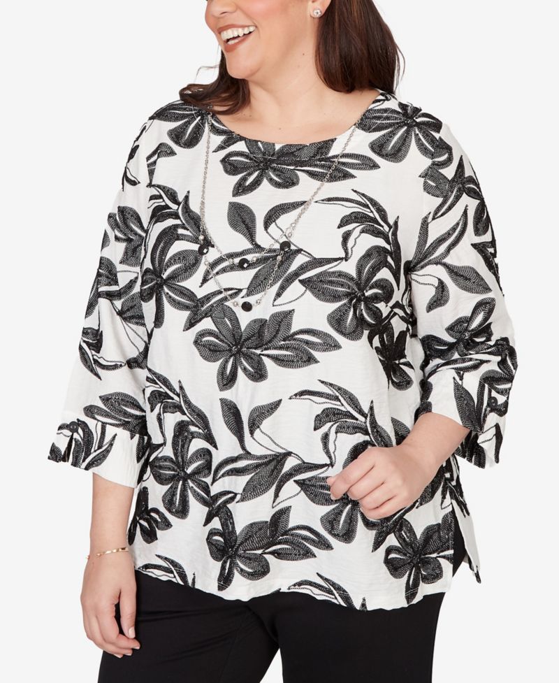 Plus Size Crowd Pleaser Embroidered Flower Top with Necklace