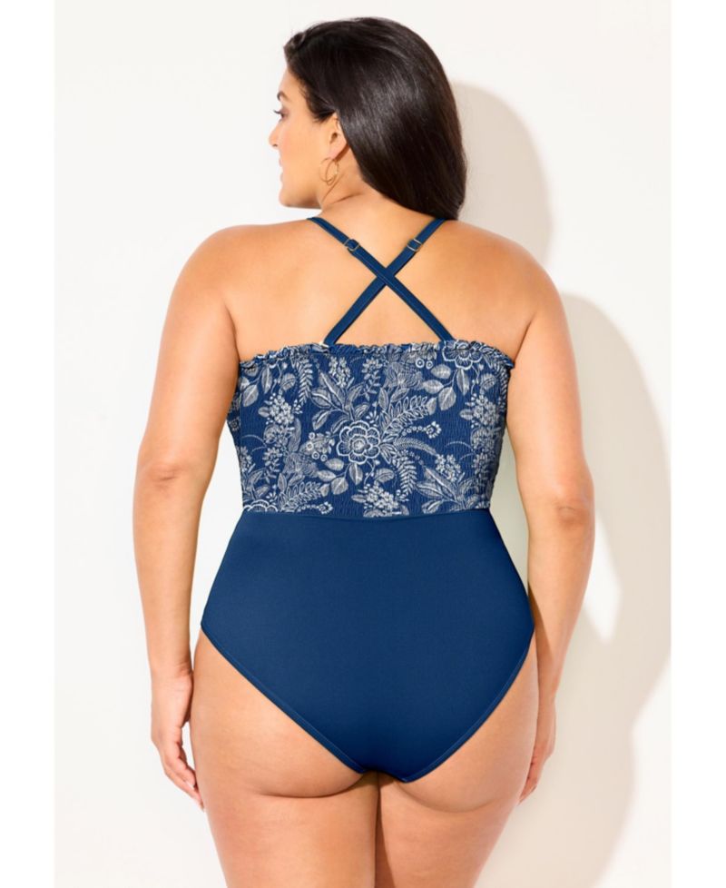 Women's Smocked Ring Strap One Piece Swimsuit
