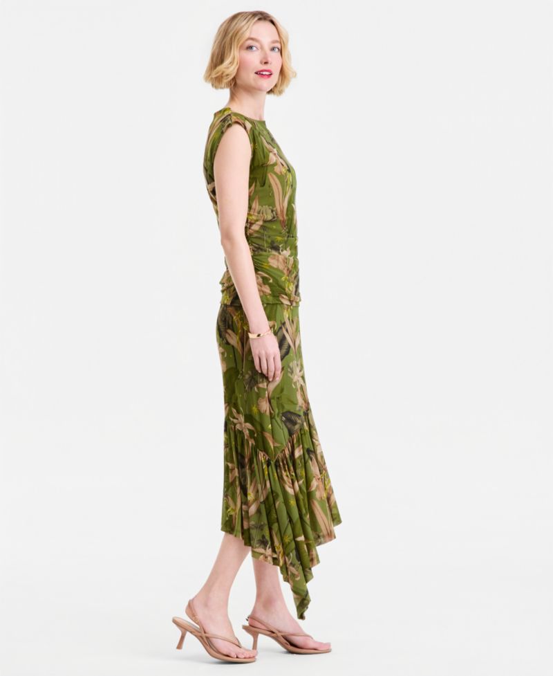 Women's Printed Mesh Asymmetric Hem Midi Skirt