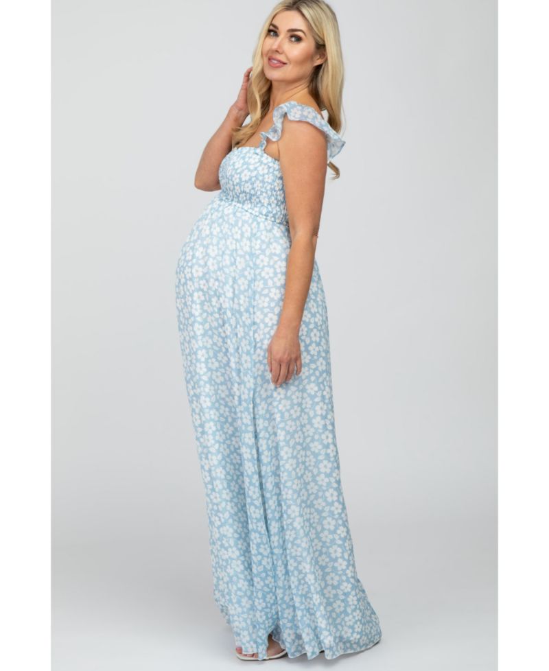 Women's Light Blue Floral Chiffon Sweetheart Neck Off Shoulder Maxi Dress