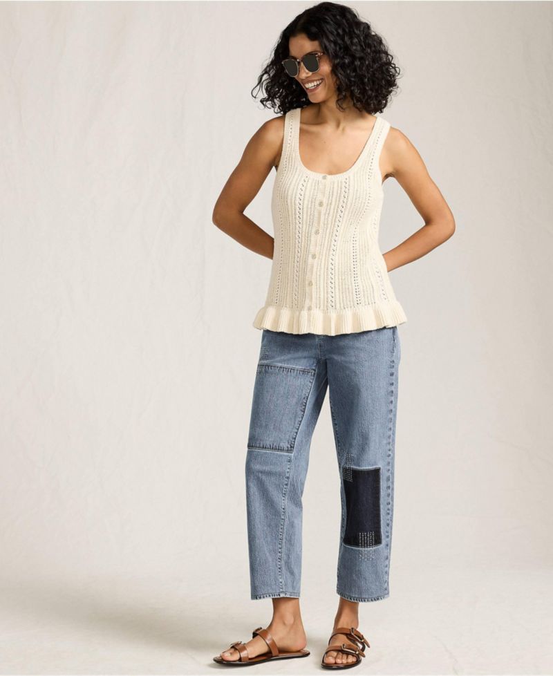 Women's Soft Denim Mid Rise Relaxed Straight Crop Patchwork Jeans